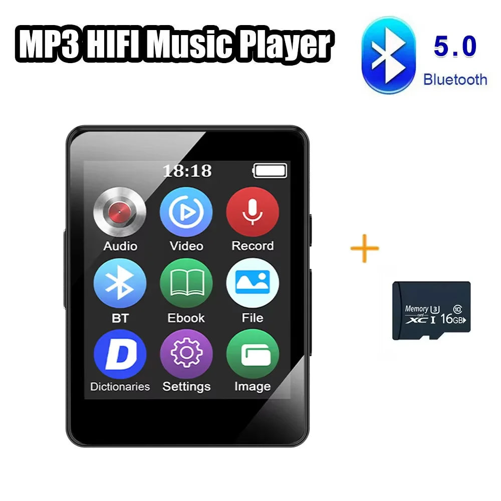 Black rectangular mp3 music player with bluetooth 5.4, 2.4 inch touch screen, built-in speaker, and included microsd card