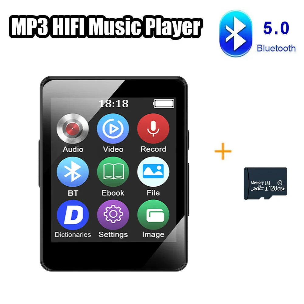 Black rectangular mp3 music player with 2.4 inch touch screen bluetooth 5.4 and included microsd card for storage
