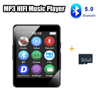 Black rectangular mp3 music player with 2.4 inch touch screen bluetooth 5.4 and included microsd card for storage