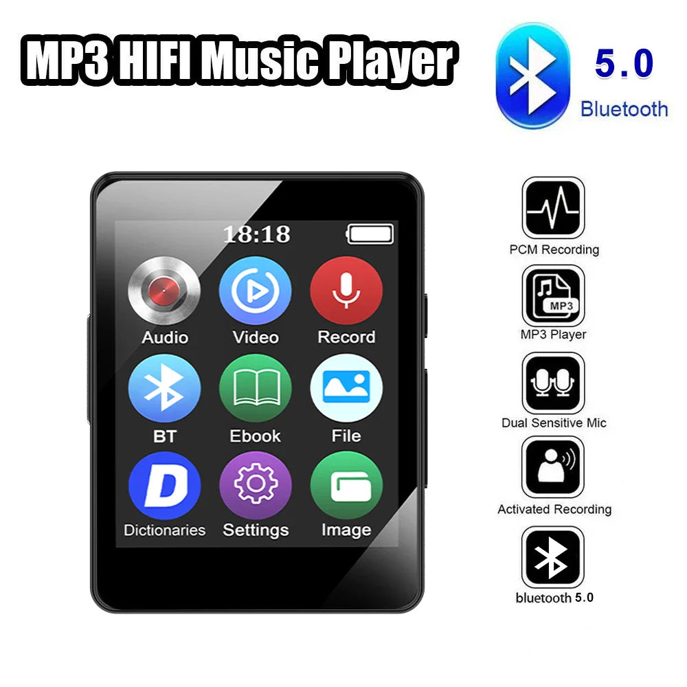 Black rectangular 128G mp3 music player with glossy screen showing colorful app icons and Bluetooth 5.4 connectivity features