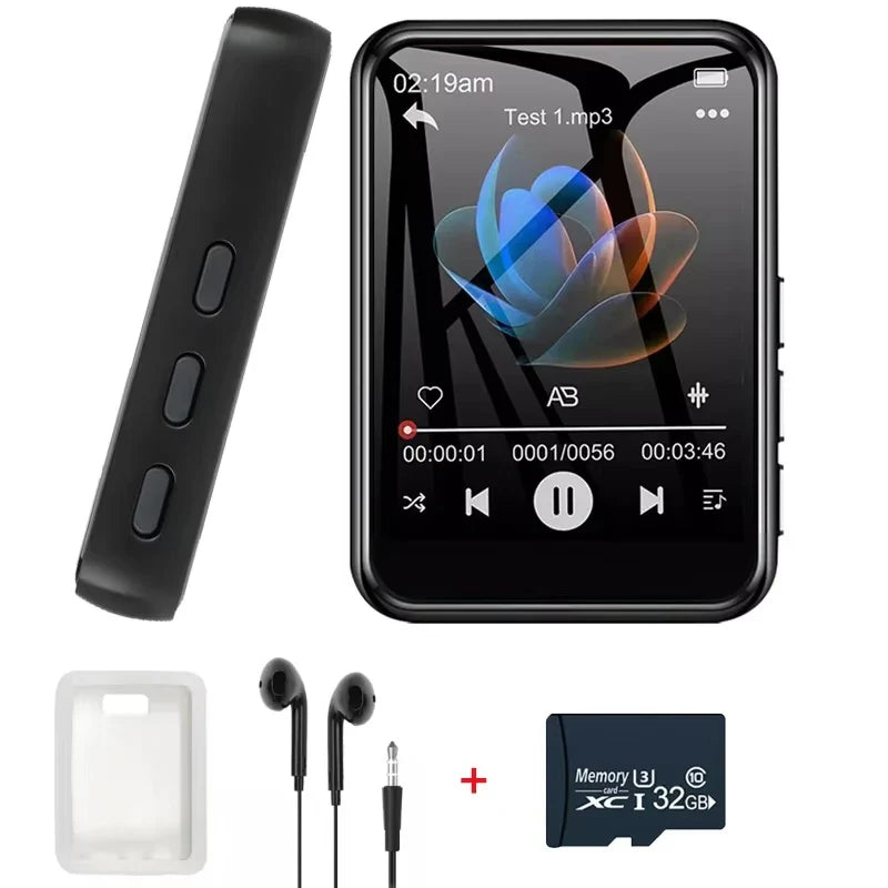 Black rectangular 128g mp3 music player with touchscreen showing abstract flower design and playback controls
