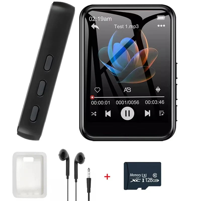 Black rectangular 128G mp3 music player with 2.4 inch touchscreen showing blue and orange abstract flower design