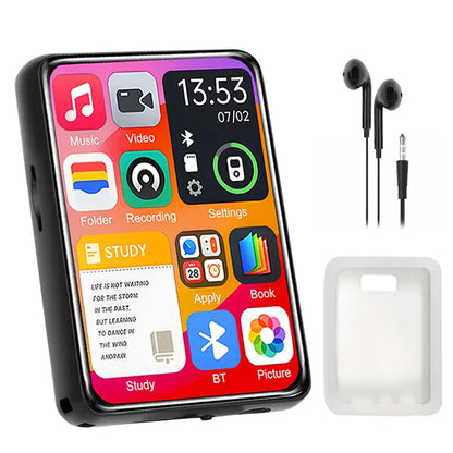 Black rectangular mp3 music player with 128g storage bluetooth 5.4 hi fi 2.4inch colorful touchscreen display showing apps and time 13 53