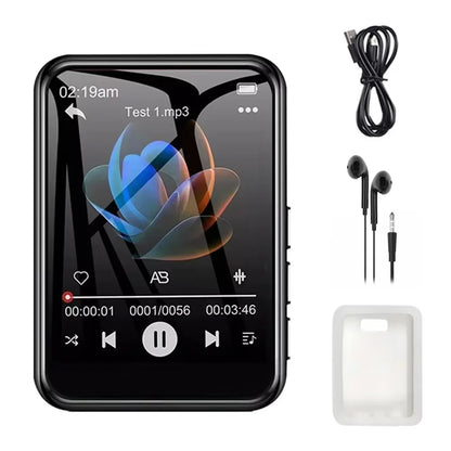 Black 128G mp3 music player with 2.4 inch touch screen, Bluetooth 5.4, speaker, earphones, USB cable, and protective case