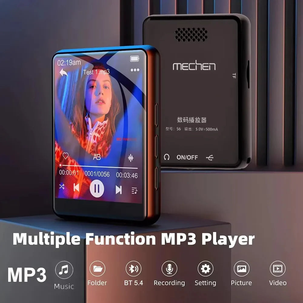 Black mechen s6 128g mp3 music player with bluetooth 5.4 touchscreen display and built-in speaker showing album art