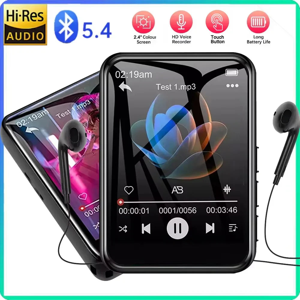 Black rectangular mp3 music player with 2.4 inch touch screen displaying floral design and bluetooth 5.4 connectivity icons