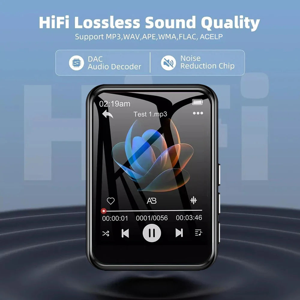Black rectangular mp3 music player with touchscreen display and built-in speaker for high fidelity audio playback