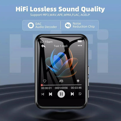 Black rectangular mp3 music player with touchscreen display and built-in speaker for high fidelity audio playback