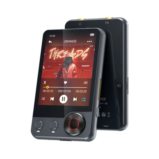 Black and gold 128gb mp3 player with touchscreen music player display and circular control dial featuring bluetooth speakers