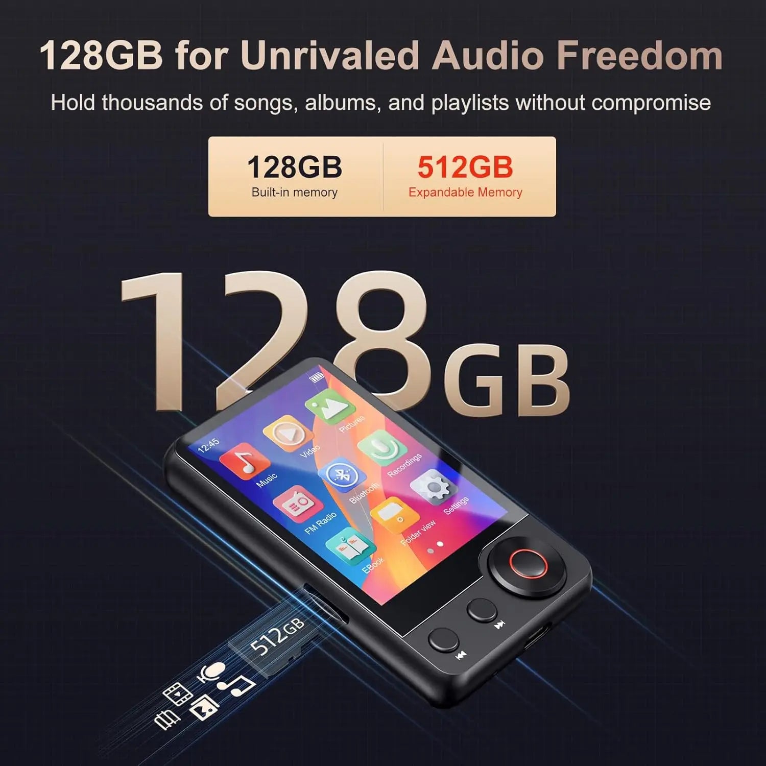 128GB MP3 player (with Bluetooth 5.3) 2.4’ portable full touchscreen music player (with speakers and Micro SD card slot) - Type Beat Music
