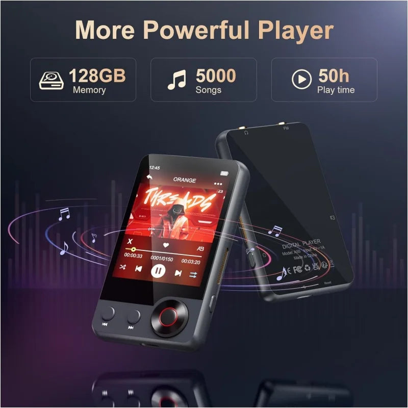 128GB MP3 player (with Bluetooth 5.3) 2.4’ portable full touchscreen music player (with speakers and Micro SD card slot) - Type Beat Music
