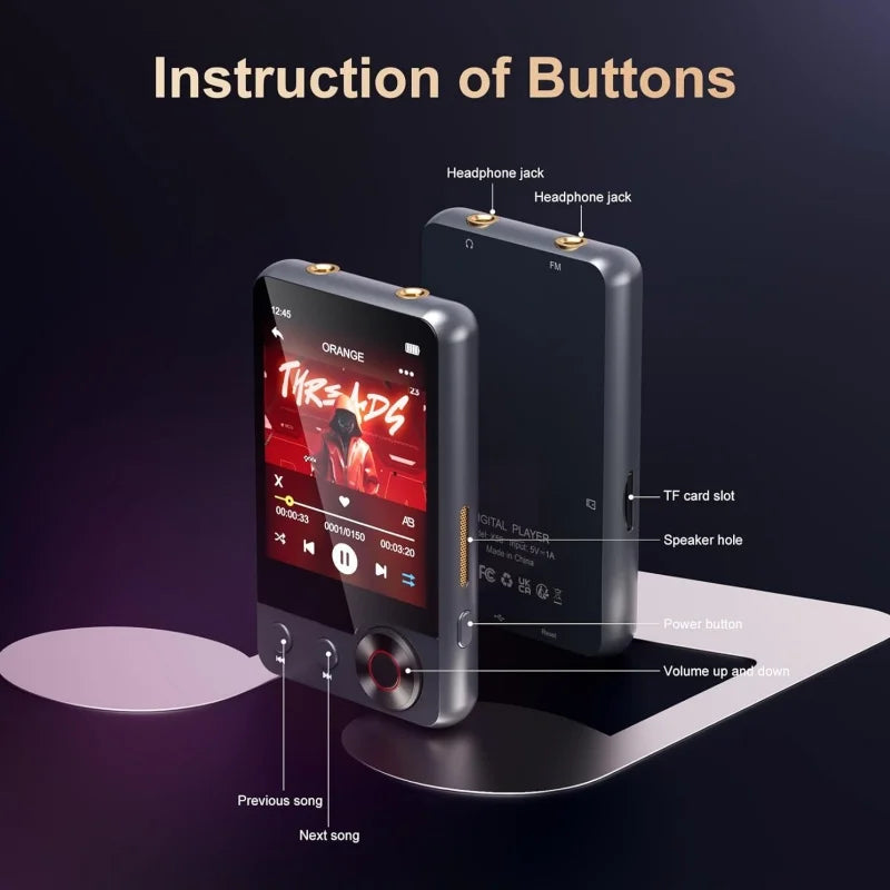128GB MP3 player (with Bluetooth 5.3) 2.4’ portable full touchscreen music player (with speakers and Micro SD card slot) - Type Beat Music