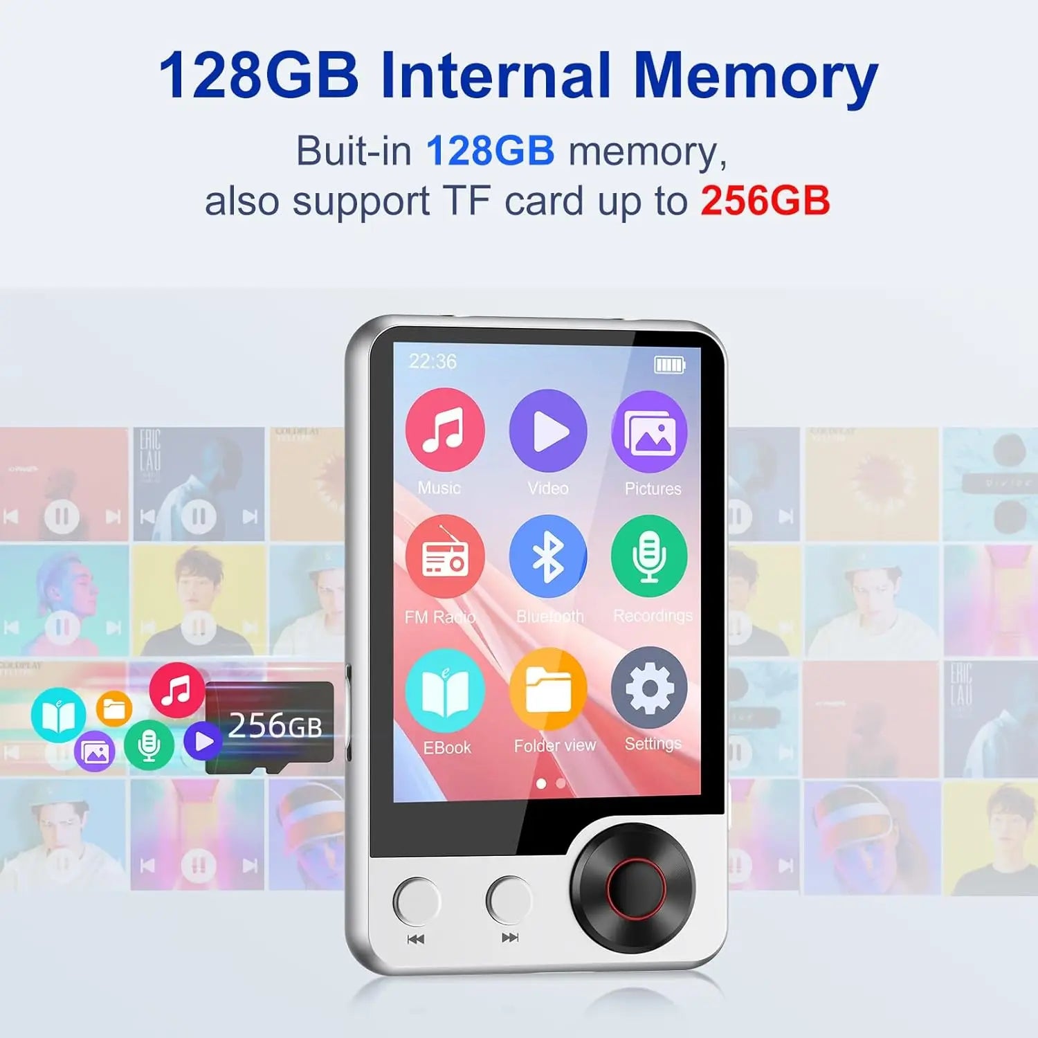 Silver x58 mp3 player with 2.4 inch touchscreen, circular dial, 128gb, features hd speaker, and boosted bluetooth 5.3