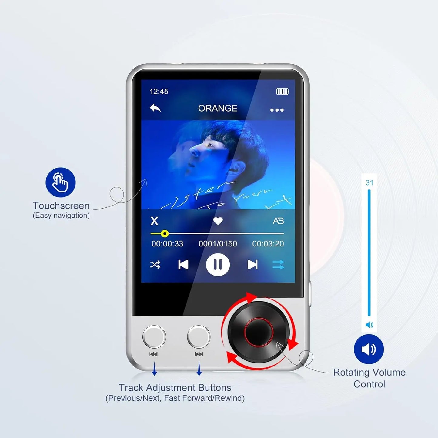 Silver-framed x58 mp3 player with 128gb storage features hd speaker touchscreen display and rotating volume dial