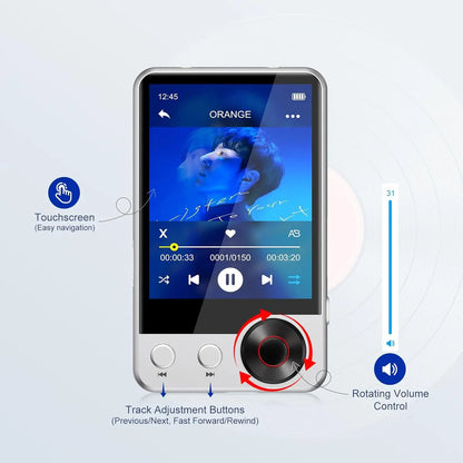 Silver-framed x58 mp3 player with 128gb storage features hd speaker touchscreen display and rotating volume dial