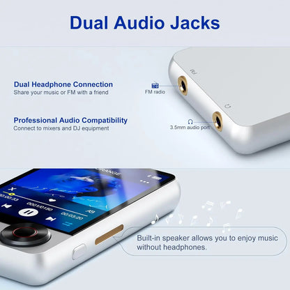 Silver x58 mp3 player with 128gb storage features hd speaker touchscreen dual audio jacks and built-in speaker