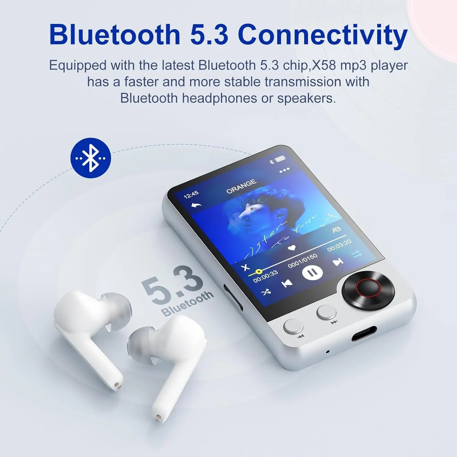 Silver x58 mp3 player with circular control dial and white earbuds features hd speaker and 128gb storage capacity