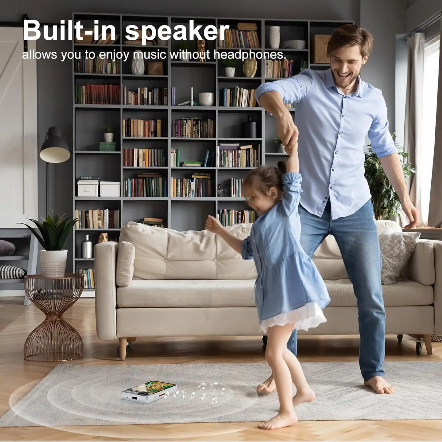 White rectangular x58 mp3 player with built-in hd speaker emitting sound waves on floor featuring bluetooth 5.3