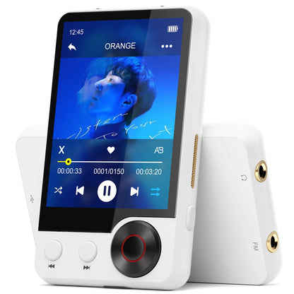 White rectangular x58 mp3 player with 128gb, touchscreen, central navigation button, and features hd speaker