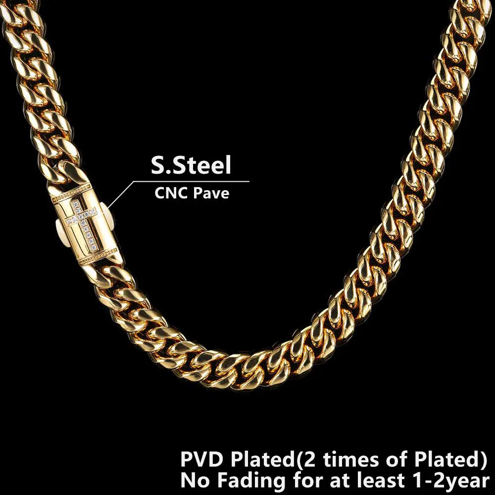 Gold-colored 12mm hip hop cuban link chain necklace with a stone-embedded cross clasp homme cadena luxury stainless steel