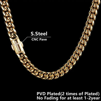 Gold-colored 12mm hip hop cuban link chain necklace with a stone-embedded cross clasp homme cadena luxury stainless steel