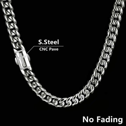 Silver stainless steel 12mm hip hop cuban link chain with cnc pave clasp homme cadena luxury necklace