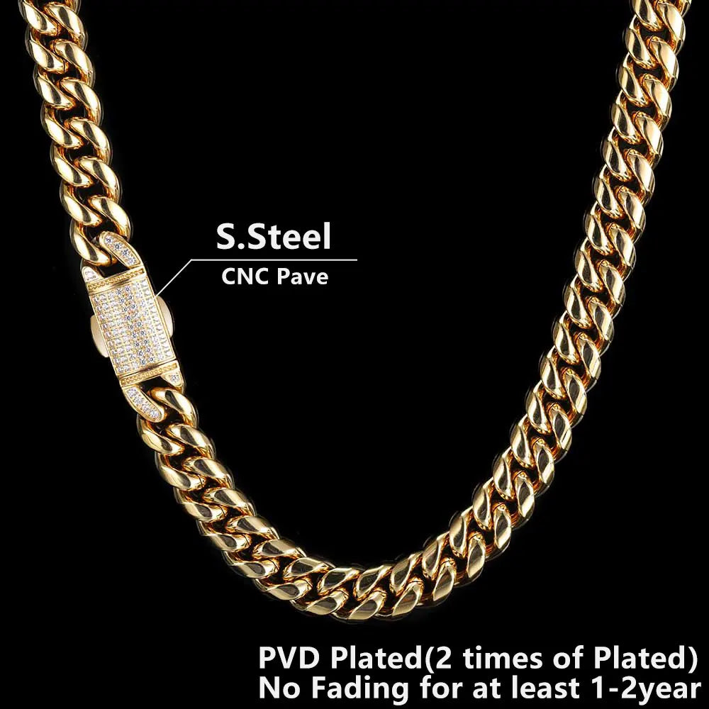 Gold-colored 12mm hip hop cuban link chain with diamond-encrusted stainless steel cnc pave clasp homme cadena luxury