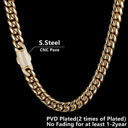Gold-colored 12mm hip hop cuban link chain with diamond-encrusted stainless steel cnc pave clasp homme cadena luxury
