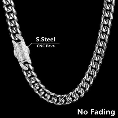 Silver stainless steel 12mm hip hop cuban link chain with cnc pave clasp homme cadena luxury necklace