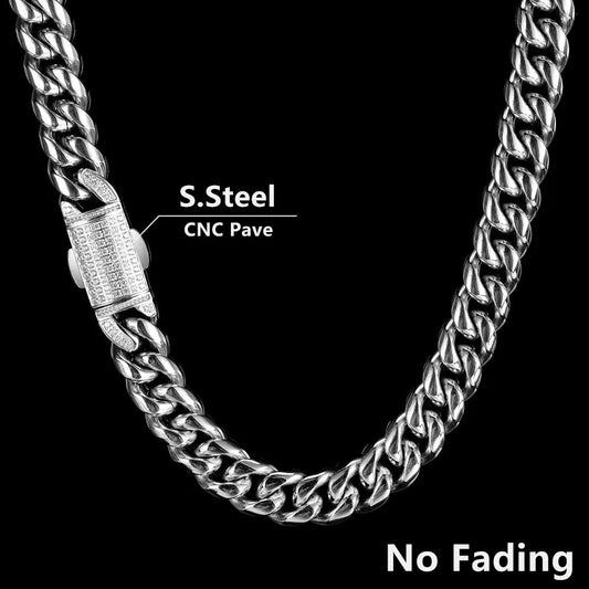 Silver stainless steel 12mm hip hop cuban link chain with cnc pave clasp homme cadena luxury necklace