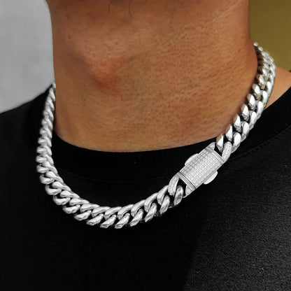 Silver 12mm hip hop cuban link chain necklace with diamond-encrusted clasp in stainless steel homme cadena luxury style