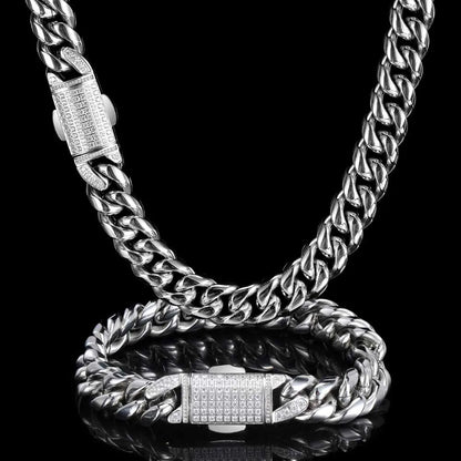 Silver 12mm hip hop cuban link chain necklace and matching bracelet with diamond-encrusted clasp homme cadena luxury