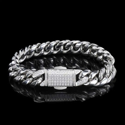 Silver cuban link chain bracelet with diamond-encrusted clasp 12mm hip hop homme cadena luxury stainless steel jewelry