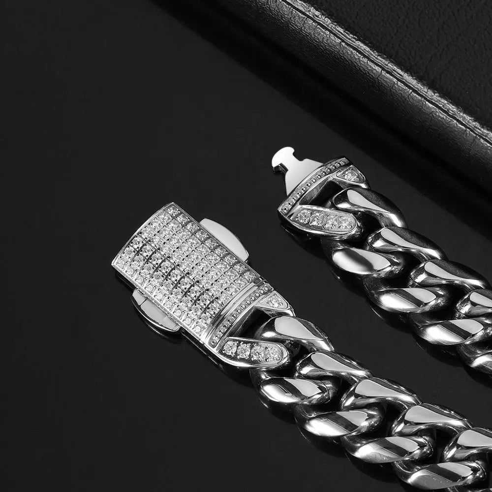 Silver-toned 12mm hip hop cuban link chain bracelet with rectangular pave-set diamond clasp from homme cadena luxury collection
