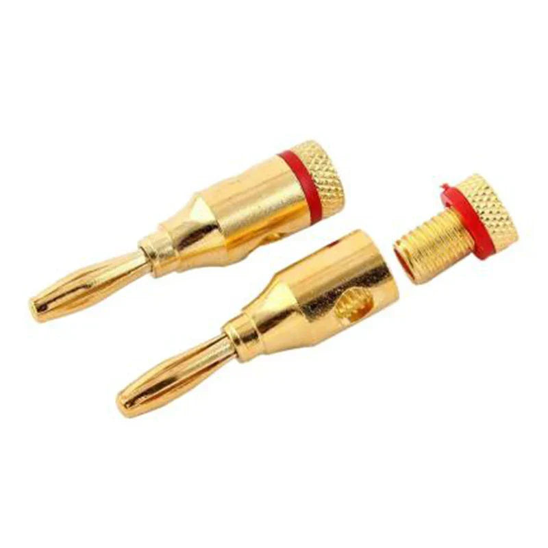 Gold-colored 12pcs 24k gold-plated banana plug audio speaker connector with red o-rings and textured knurled ends