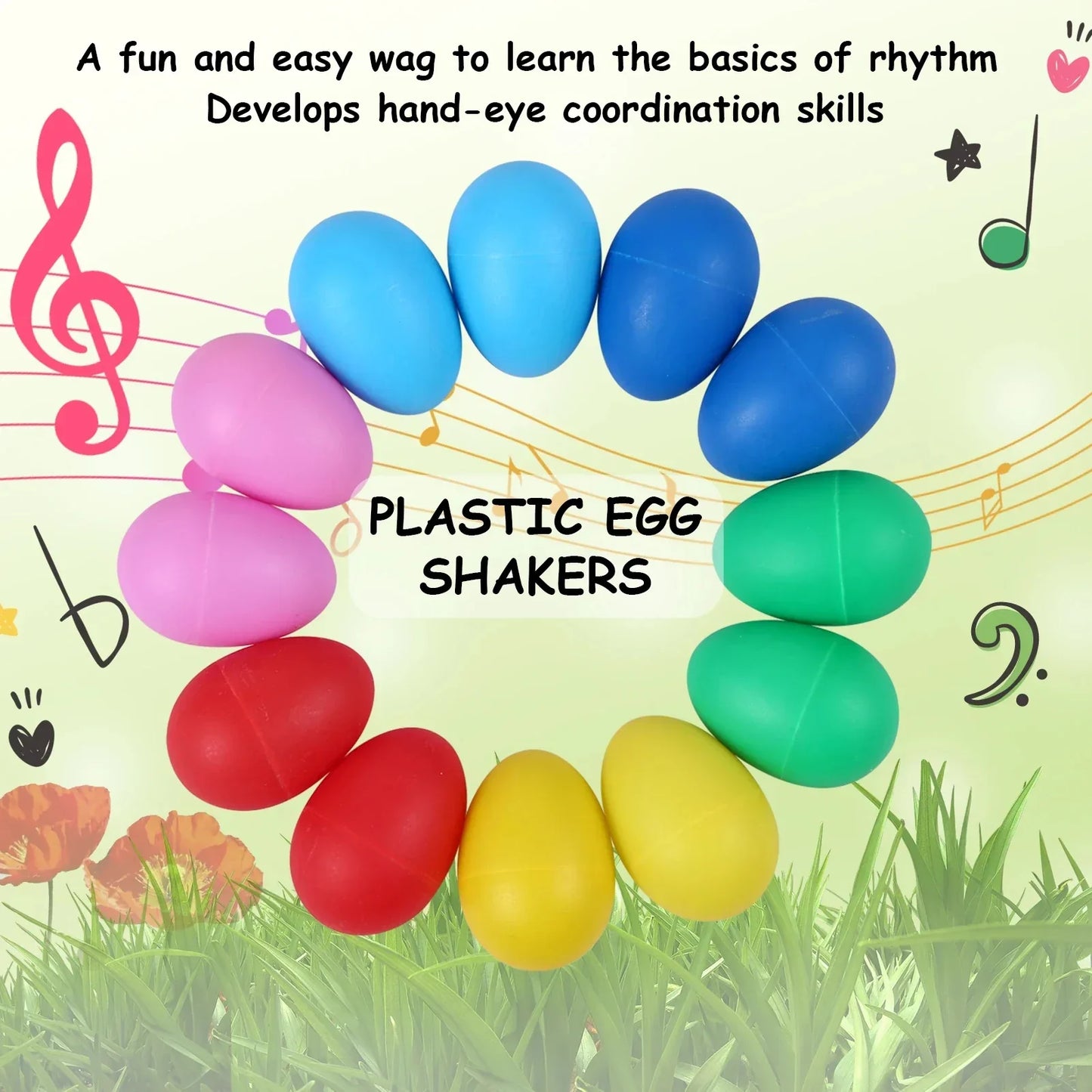 Colorful plastic egg shakers musical instruments percussion arranged in a circle for kids toys plastic educational use