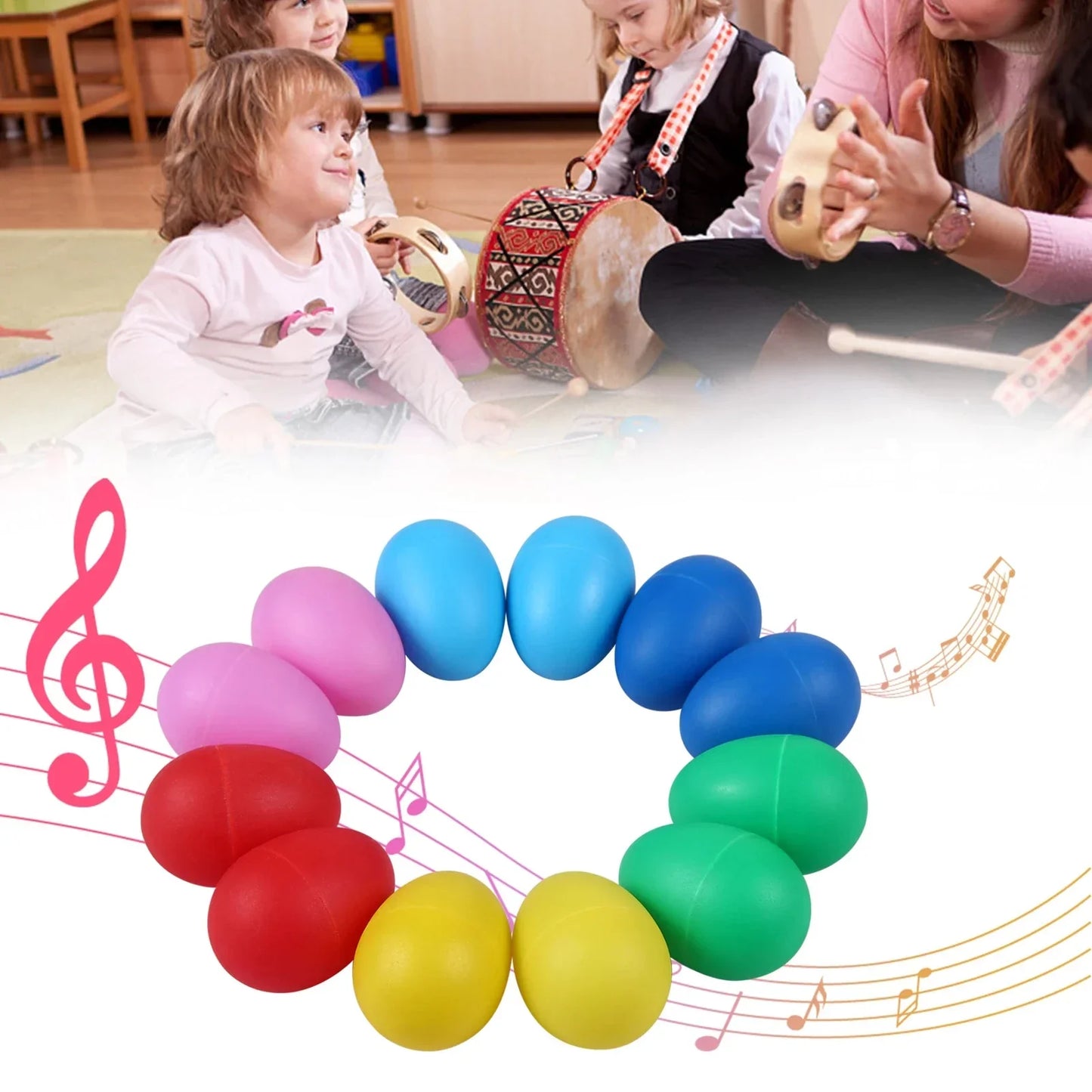 A colorful set of 12 plastic egg shakers musical instruments percussion arranged in a circle for kids toys plastic