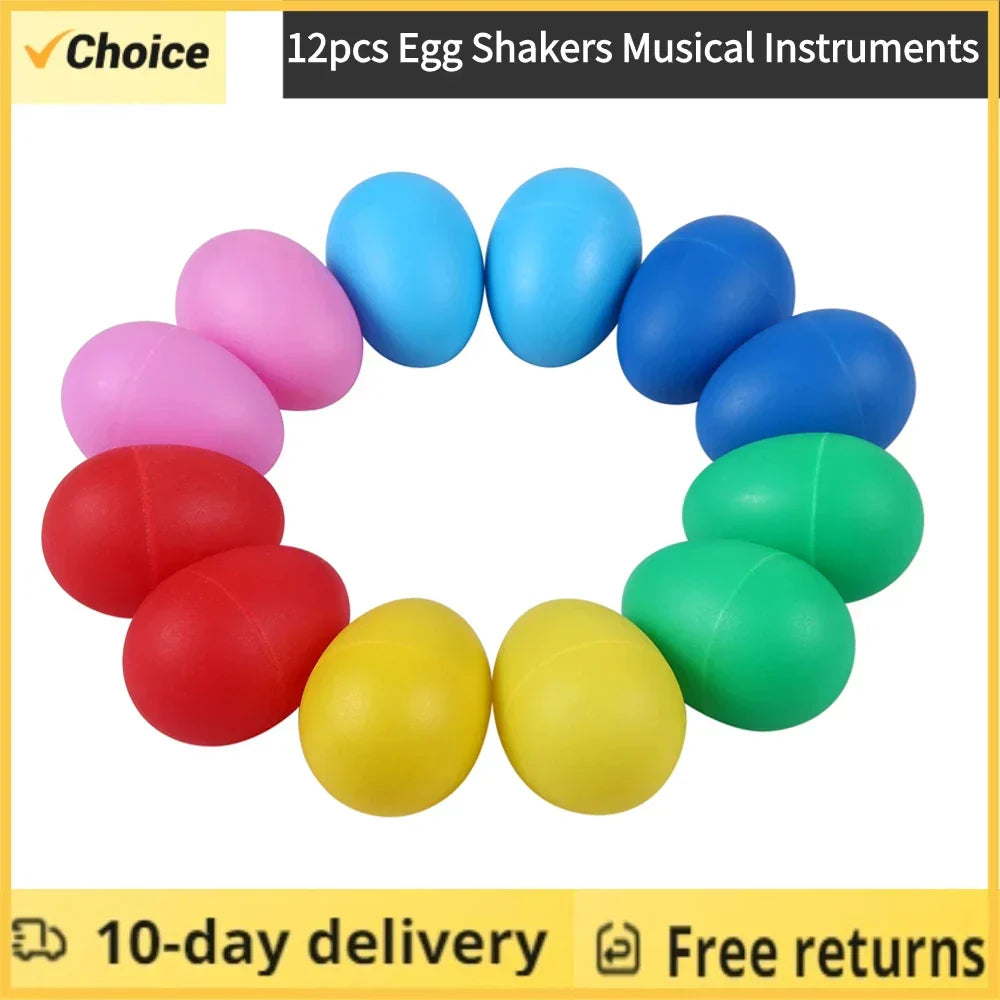 A set of 12 colorful plastic egg shakers musical instruments percussion in pink, blue, red, green, and yellow for kids toys plastic