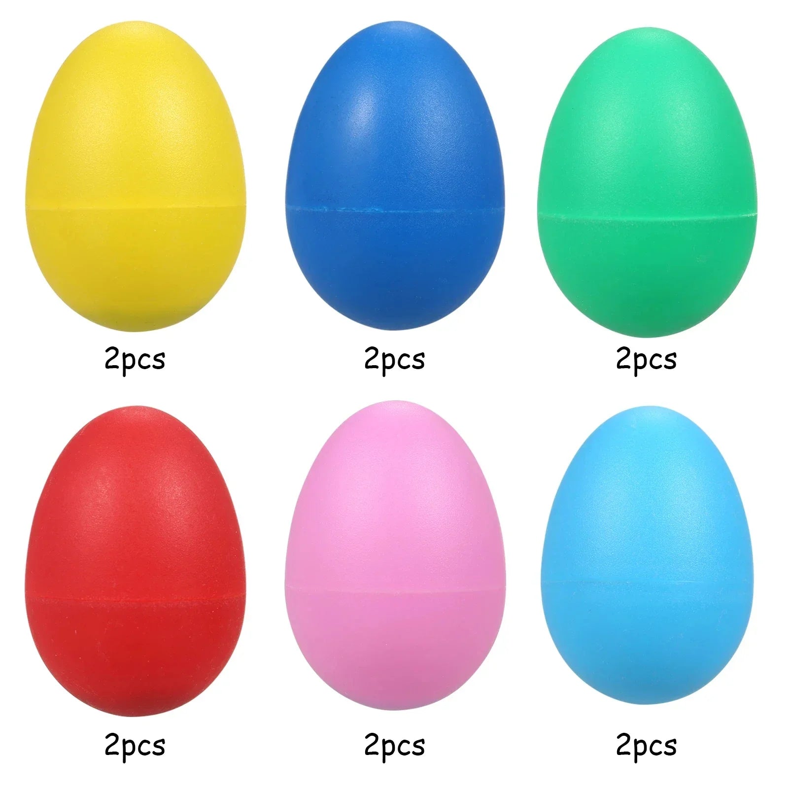 Set of six colorful plastic egg shakers musical instruments percussion in yellow blue green red pink and light blue for kids toys plastic