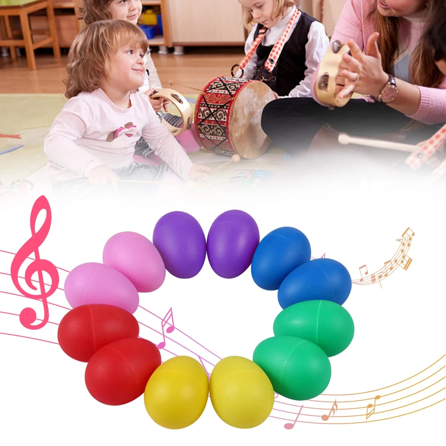 A colorful set of 12 plastic egg shakers percussion in six vibrant colors ideal for party favors supplies and music learning