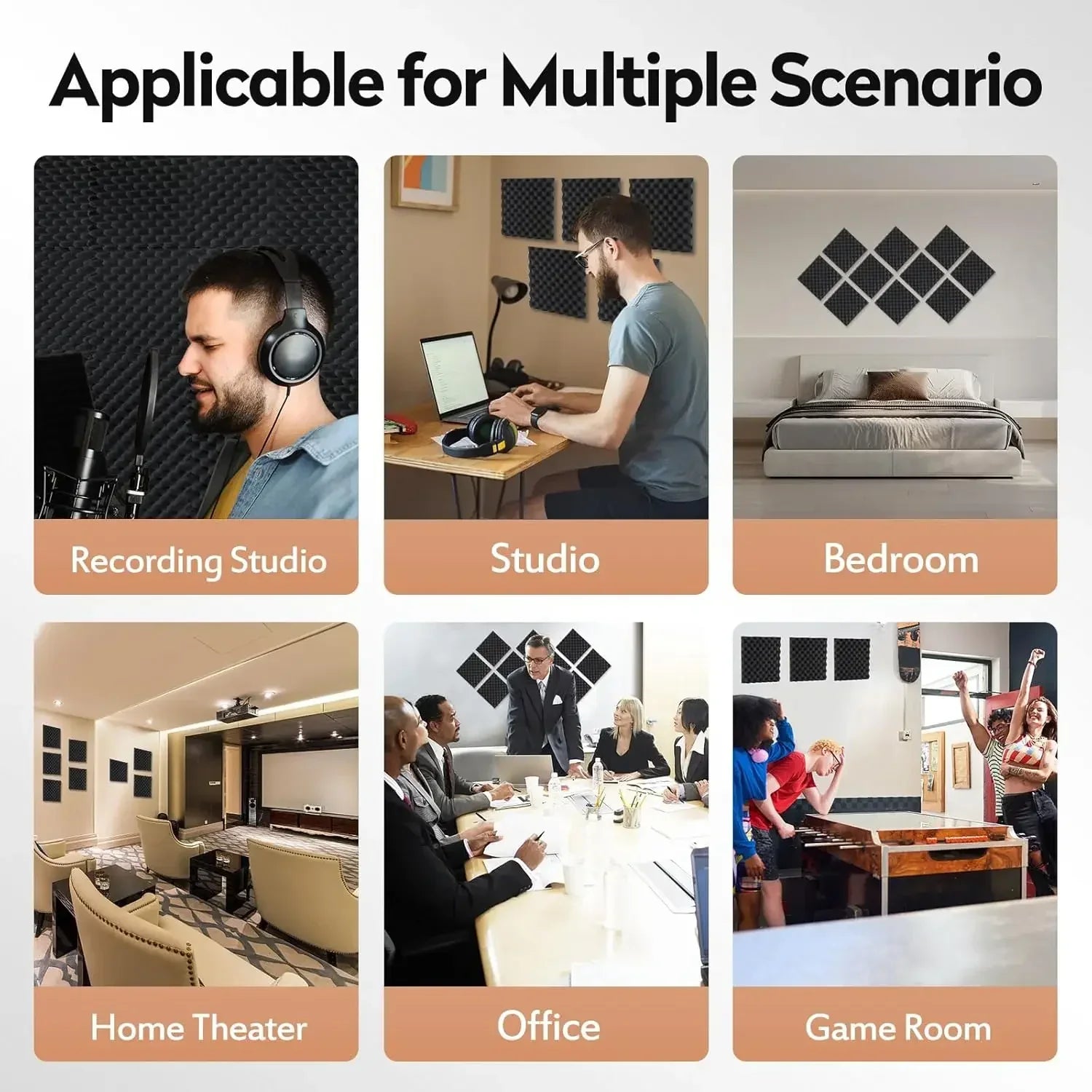 Black diamond-patterned soundproof wall panels made of acoustic foam tiles for home studio bedroom noise reduction