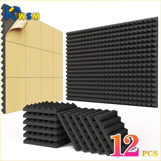 12pcs black triangular pyramid acoustic foam tiles self-adhesive soundproof wall panels for home studio bedroom