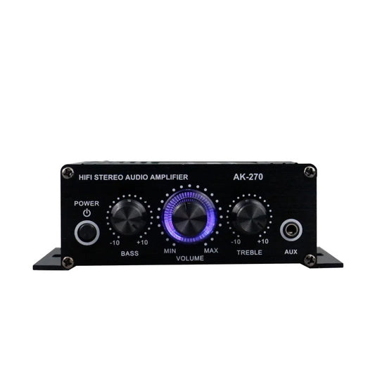 Black ak-270 hifi stereo 12v 400w power amplifier with glowing blue volume knob and bass treble volume controls