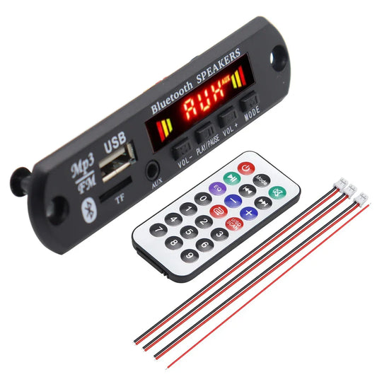 Black bluetooth 5.0 mp3 player decoder board with red led display usb aux ports and remote for wireless mp3 music use