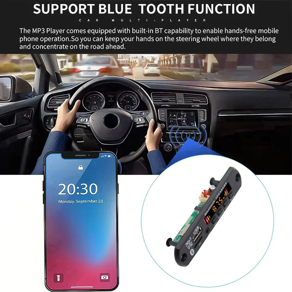 Black rectangular 12v bluetooth 5.0 mp3 player decoder with red led display usb ports wireless mp3 music car module