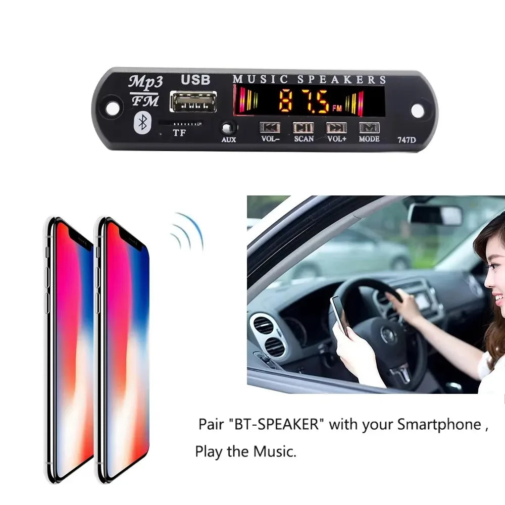 Black rectangular 12v bluetooth 5.0 mp3 player decoder board with digital display usb tf slots radio aux module for car use