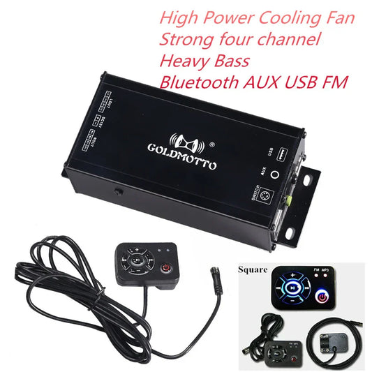 Black goldmotto 12v high power amplifier mp3 player with cooling fan four channel heavy bass bluetooth aux usb fm atv fm radio