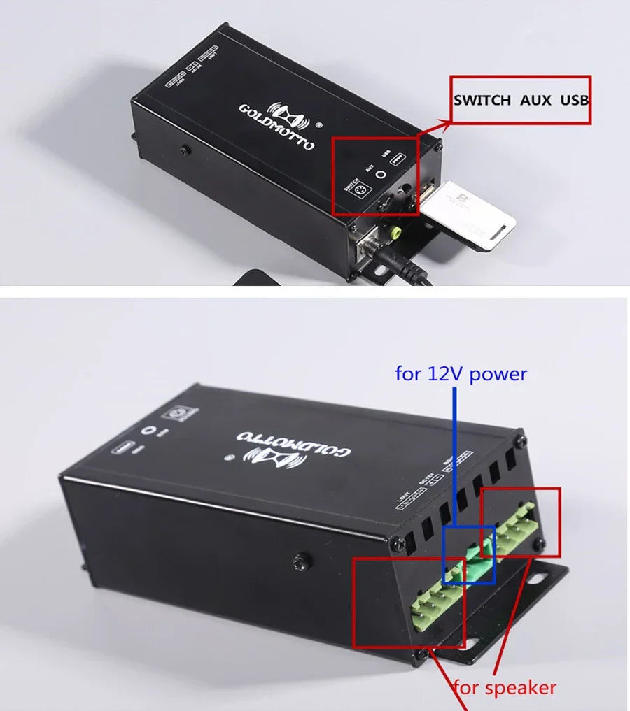 Black rectangular goldmotto 12v high power amplifier mp3 player box showing usb and 12v power input ports for atv fm radio
