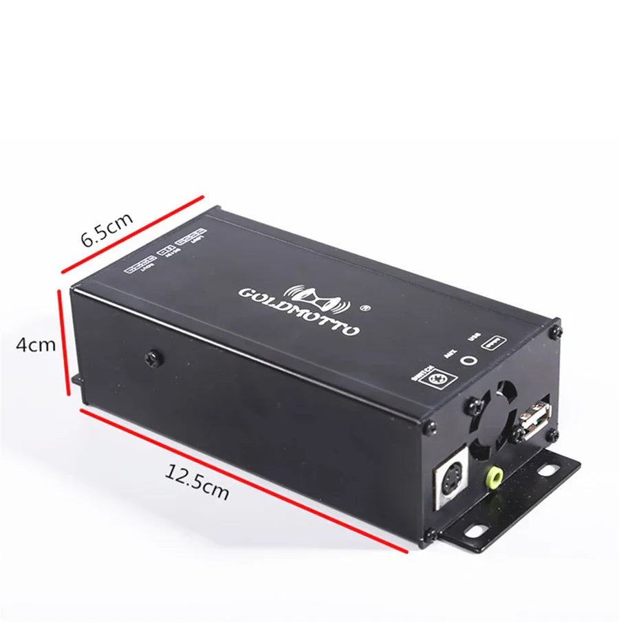 Black rectangular 12v high power amplifier mp3 player bluetooth with multiple ports and indicator lights on side for motorcycle