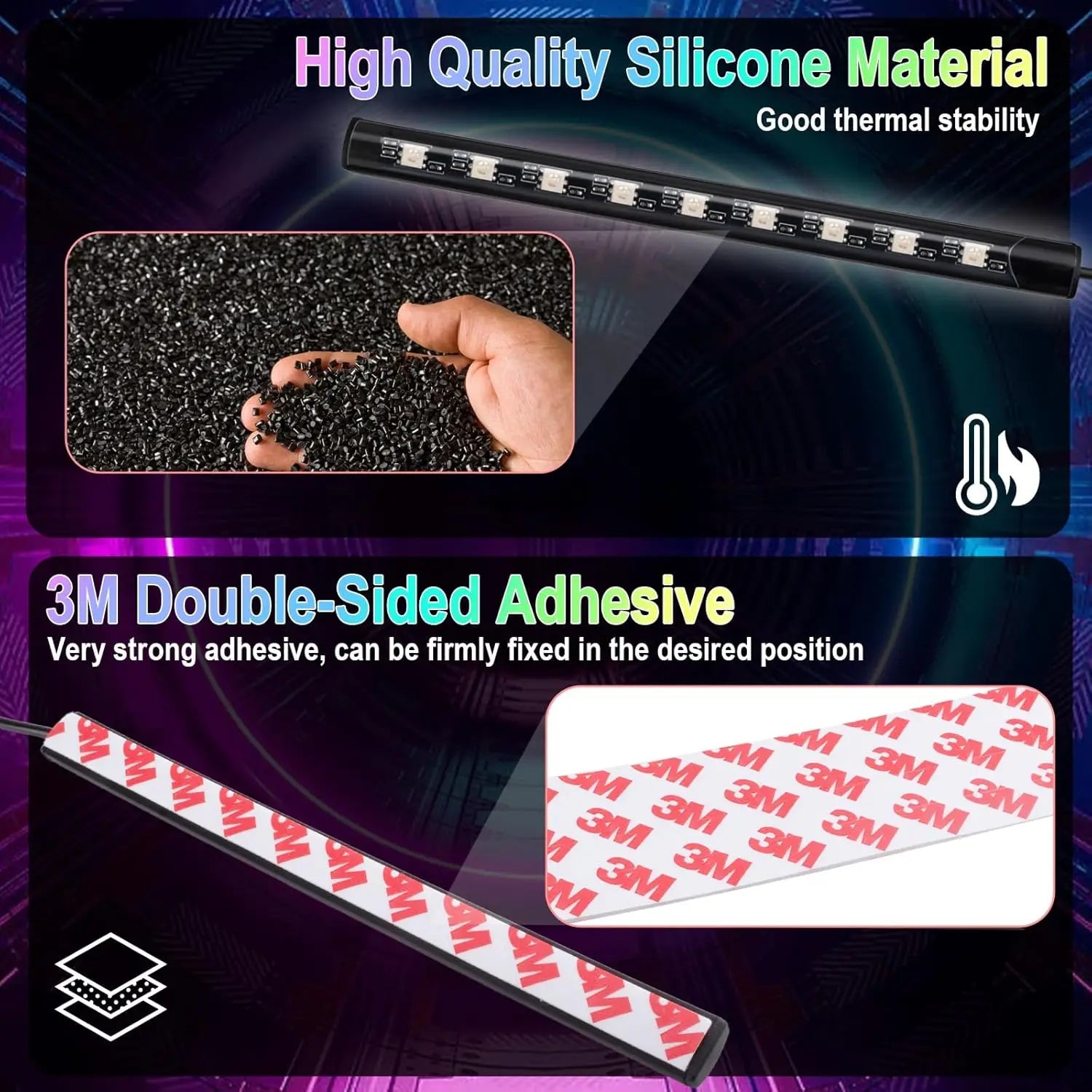 Black silicone 12v led car interior strip lights with 3m adhesive featuring music sync color and remote control music function